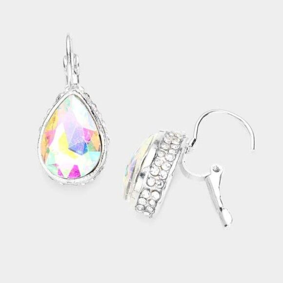 Rhinestone Aurora Borealis Teardrop Stone Lever Back Silver Evening Earrings - Picture 1 of 5